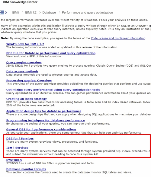IBM Knowledge Center Servicios DB2 para i